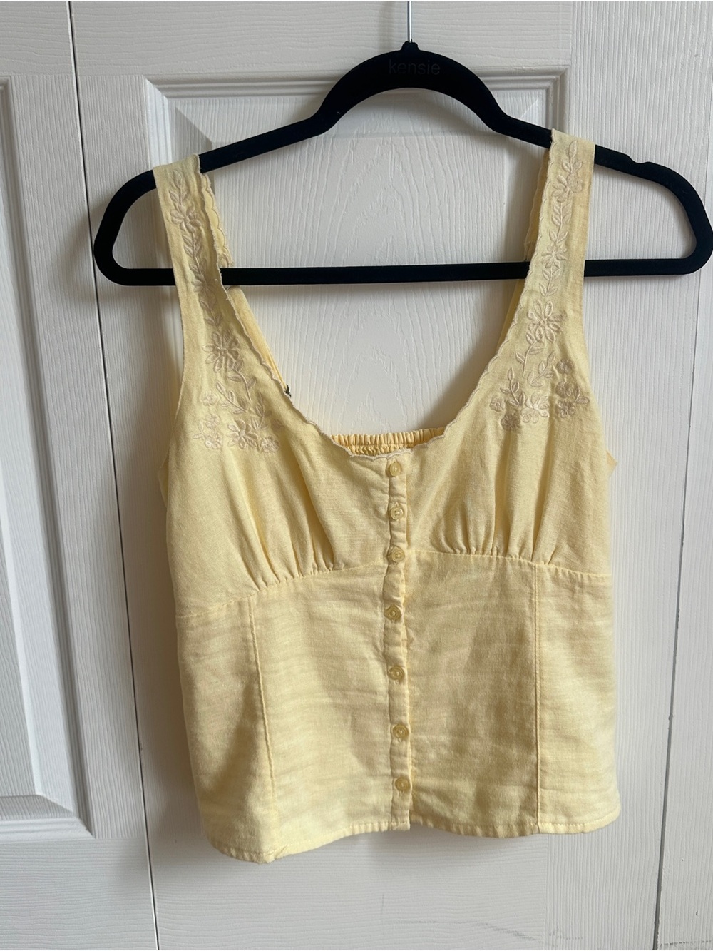 Yellow embroidered linen blend top Hollister